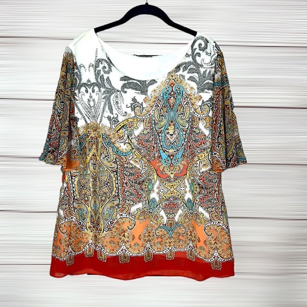 Roz & Ali Multicolor Paisley Print Flutter Sleeve Blouse Top XL